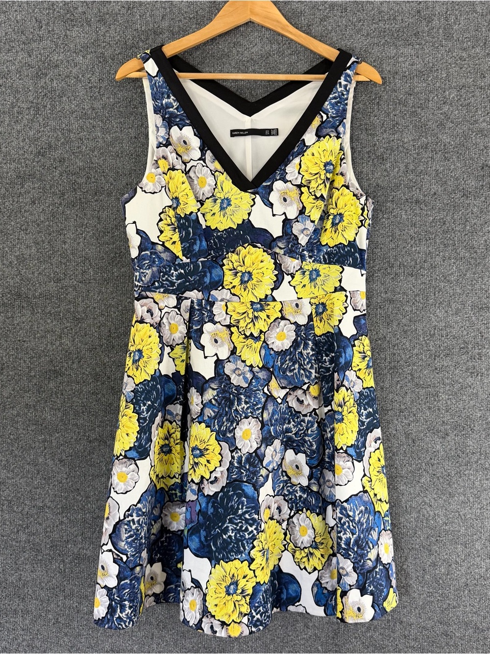 Karen Millen Womens Floral Sleeveless Dress Size 12 Blue Yellow Summer Event